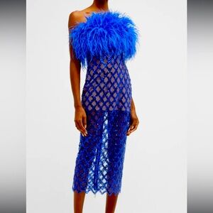 Bronx & Banco Cobalt Blue Coco x Afiya Sequin Sheath Midi Feather Dress Sz S